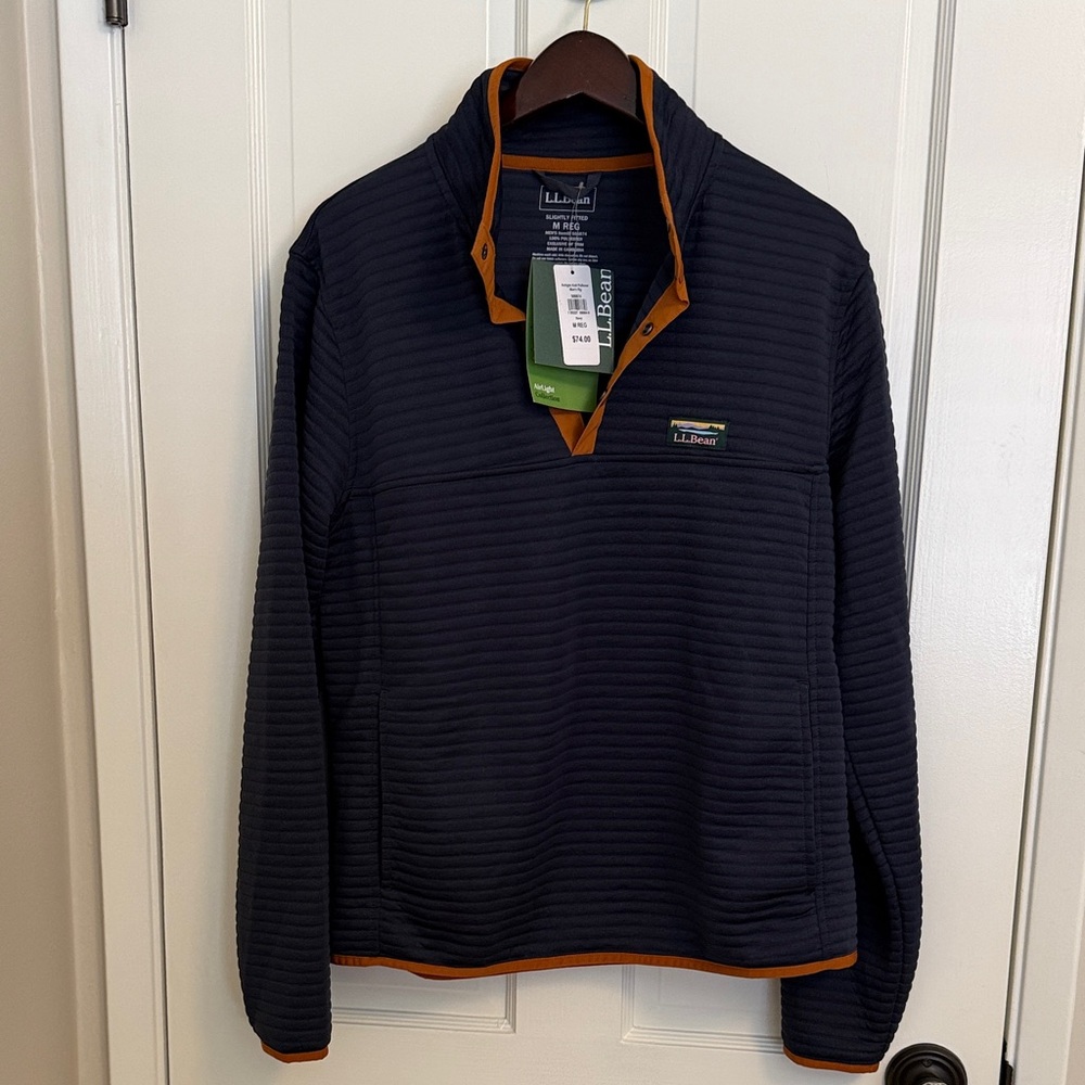 L.L. Bean Men's Dark Blue Quarter-Zip Jacket with tan Trim